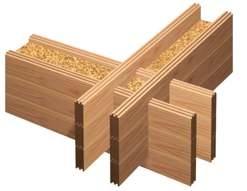 Разрез конструкции двойного бруса с утеплителем